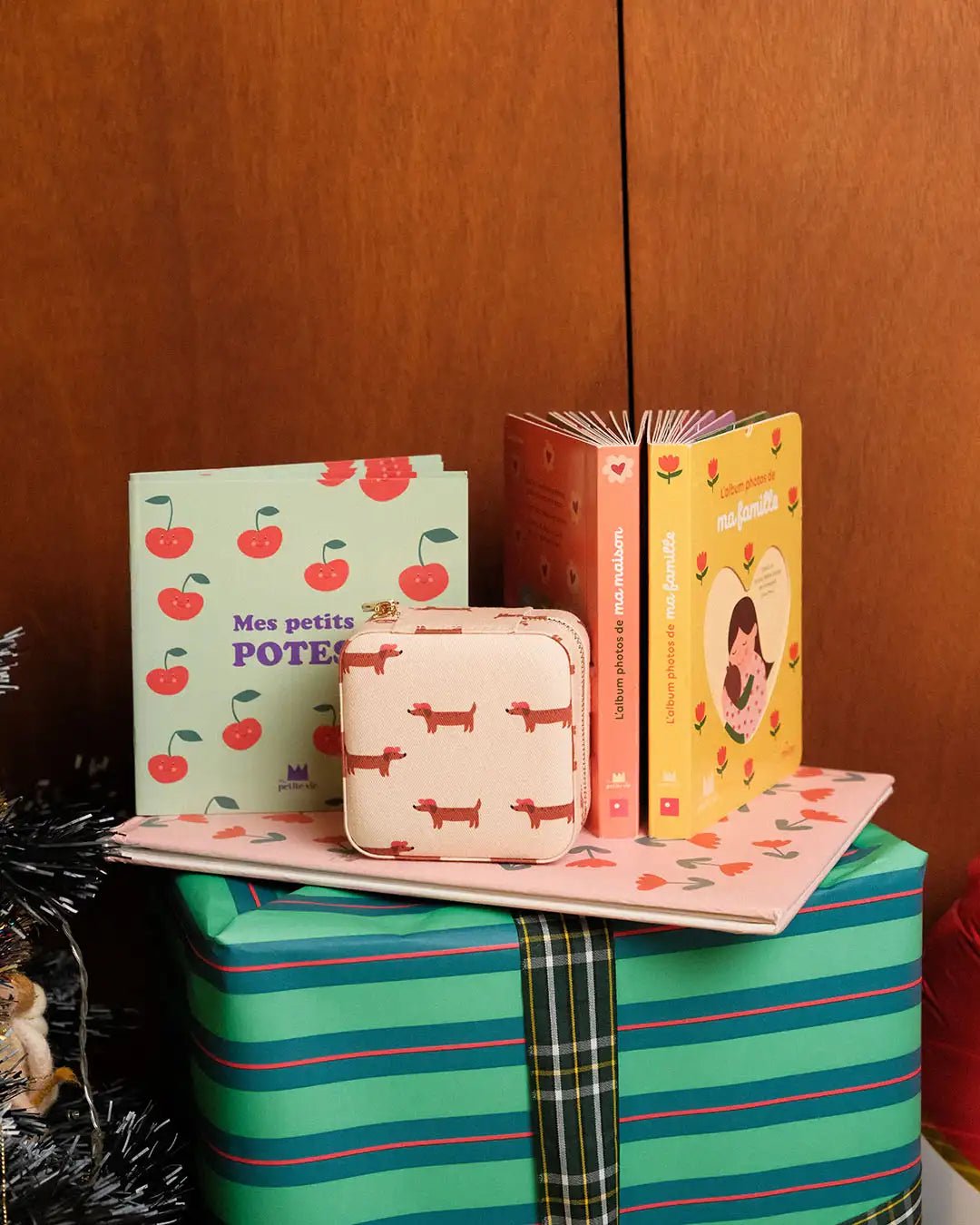 présentation d'une boite à bijou à motif chien sur un cadeau de noel et avec des livres