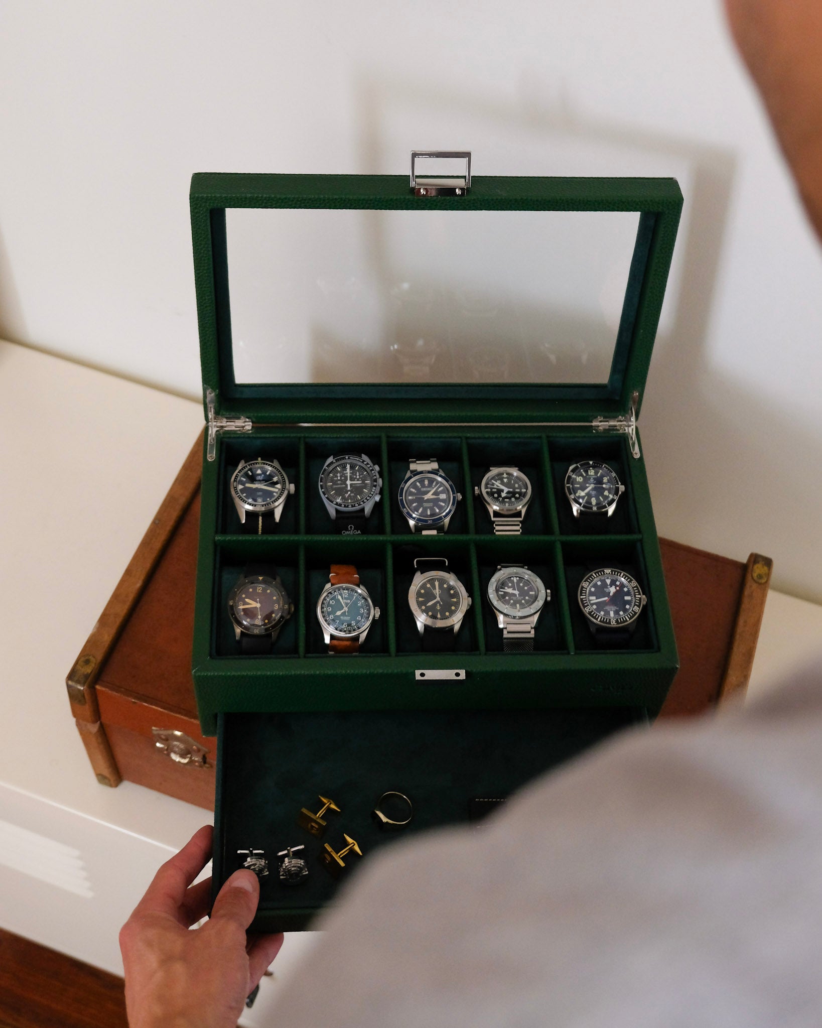 Boîte à montres Jean 10 emplacements + tiroir