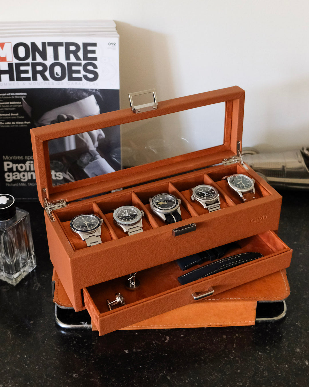 Boîte à montres Jean 5 emplacements + tiroir